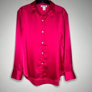 Rachel Zoe Pink Satin Collared Long Sleeve Button Down Blouse L Silky Luxe Glam